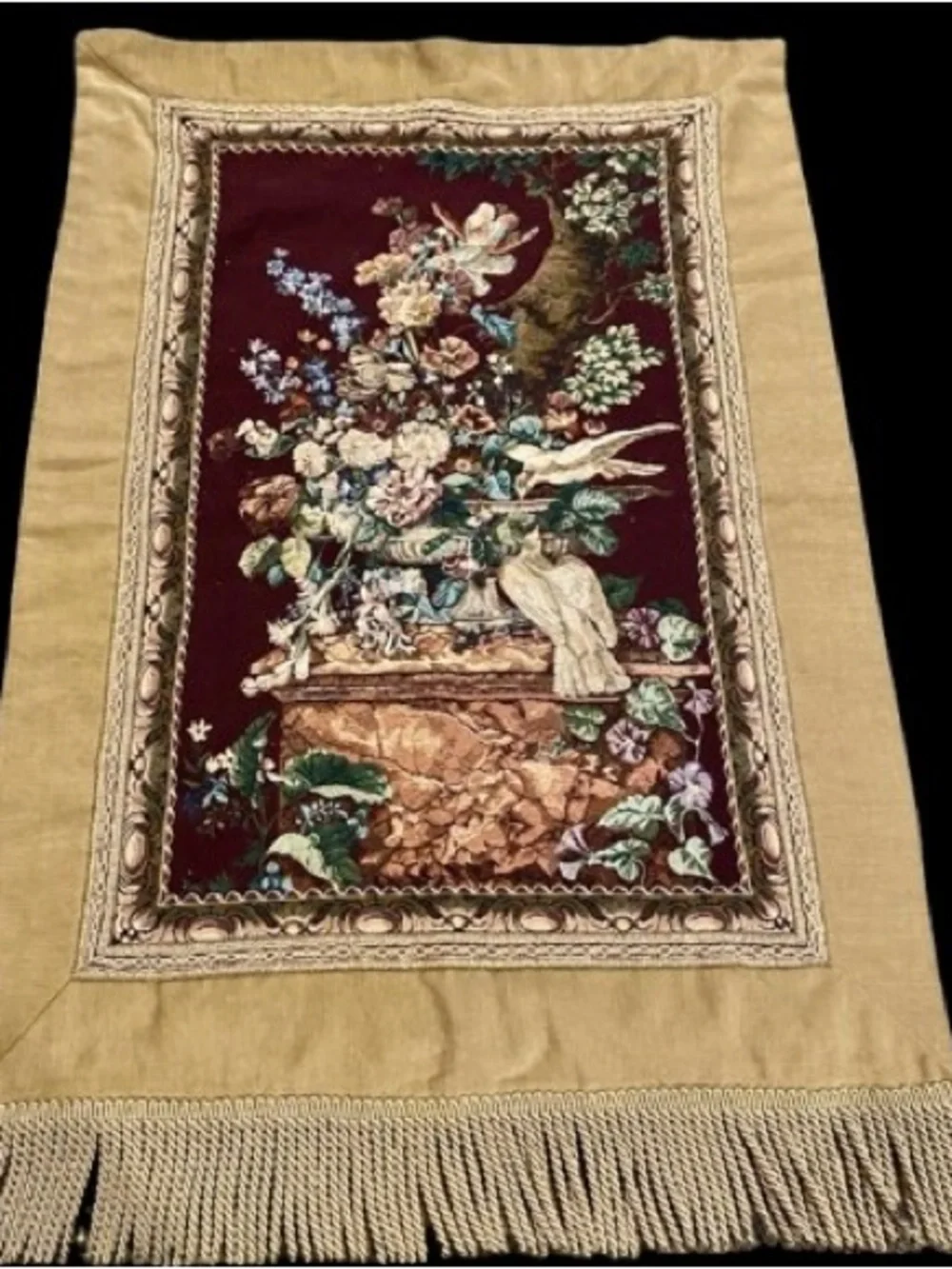 Vintage Wall Tapestry Aubusson Style Floral Birds Fringe Woven Textile 55” x 37”